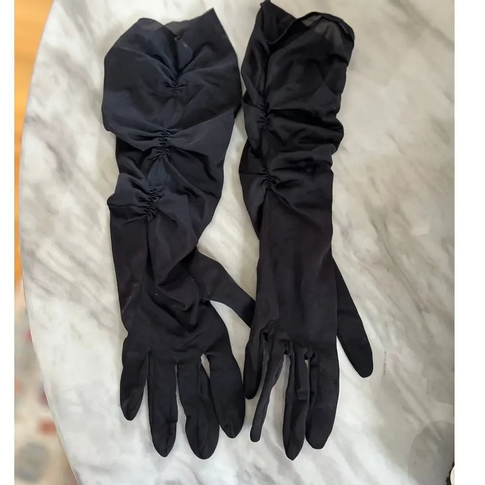 Vintage Black Nylon Ruched Opera Gloves Size 6 1/2 Pin Up 50s 60s
